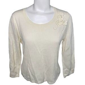 Kasper Ivory Scoop Neck Beaded 3/4 Sleeve Wool Blend Sweater Sz Medium NEW